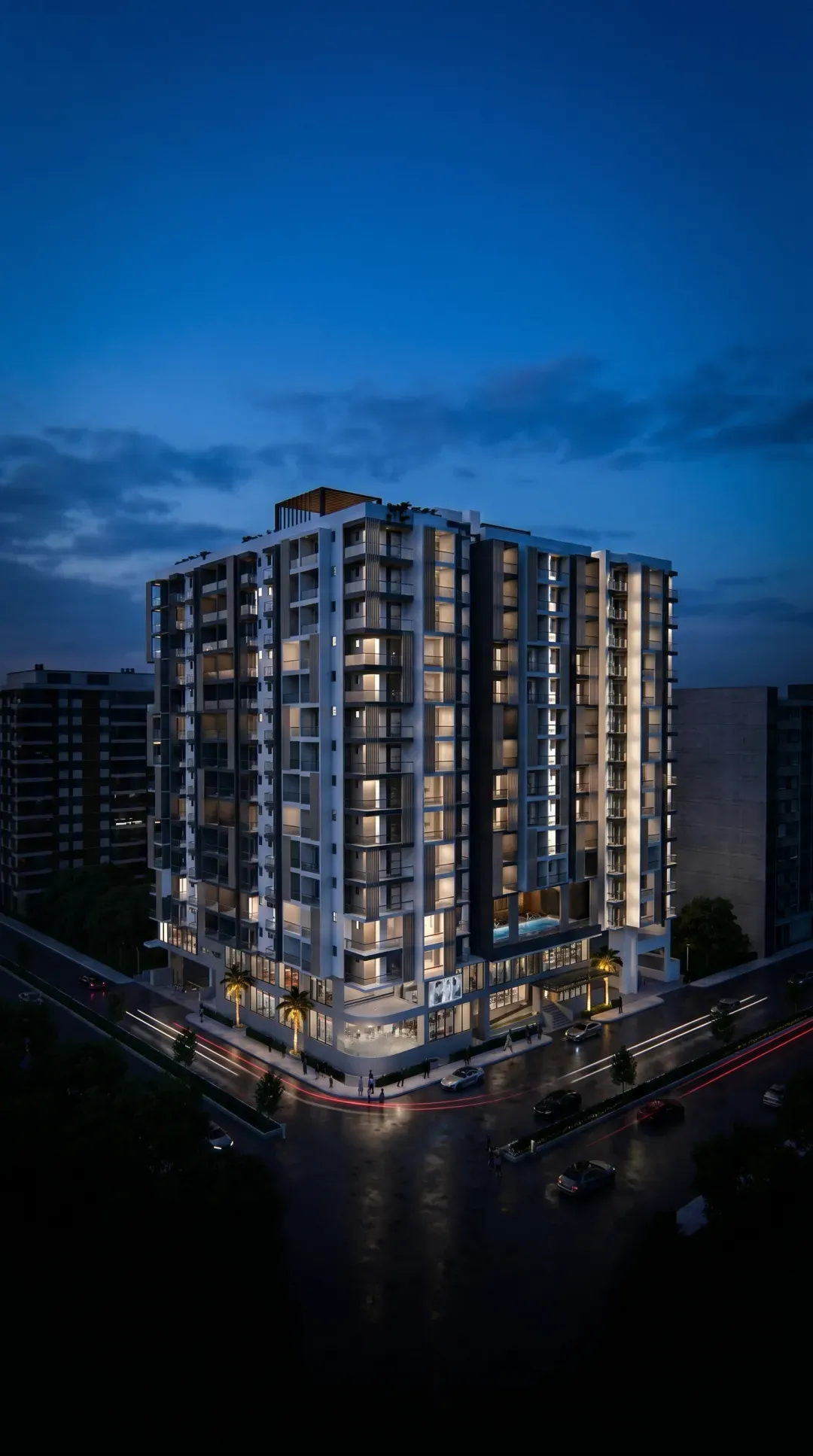 The Grande Canal — residential tower at night, Hulhumalé